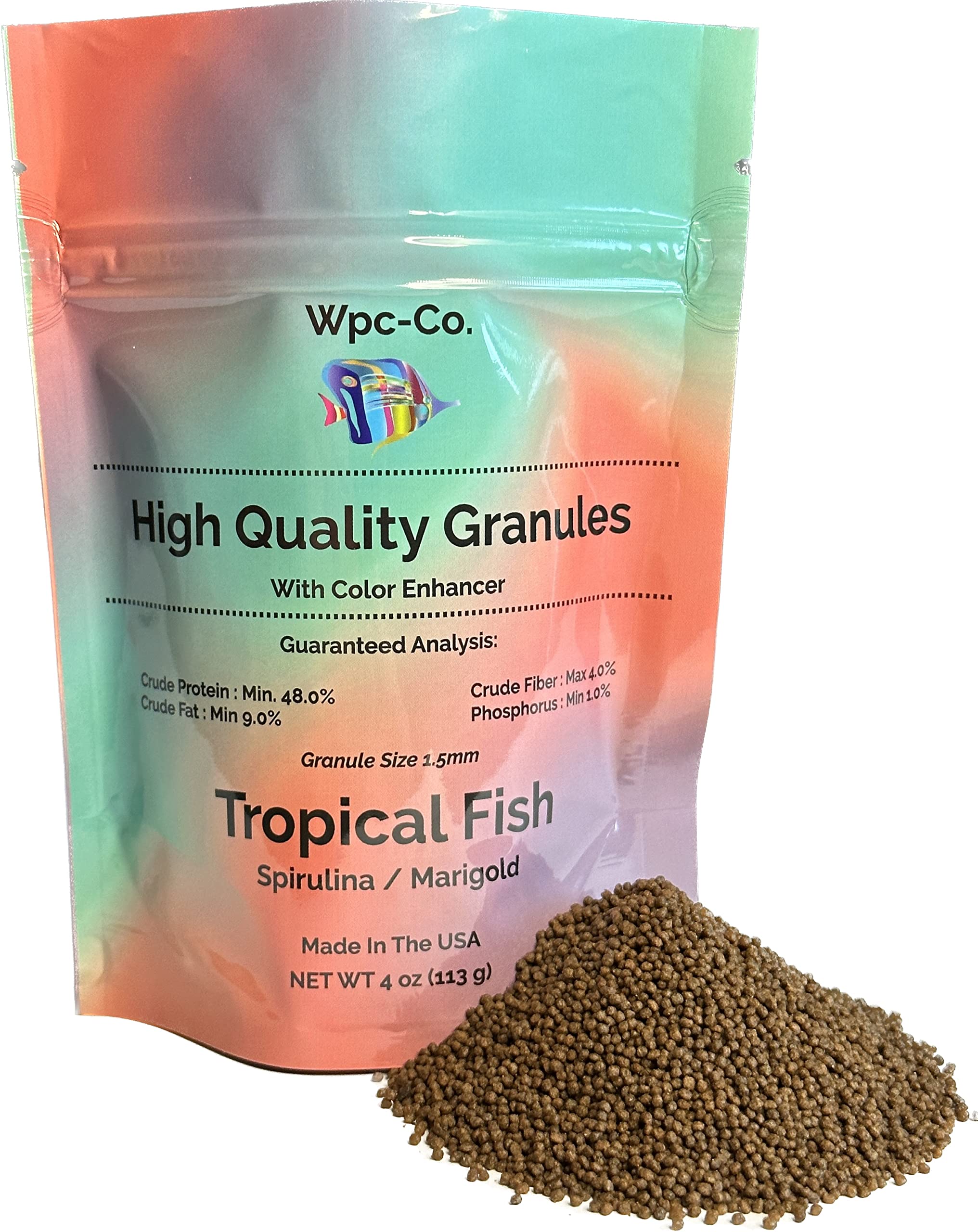 Wpc-Co. Tropical Fish Food for Color Enhancement-Vibrant Colors Formula with Spirulina and Marigold Diet for Tropical Fish-Nourishment and Optimal Nutrition for Brilliant Coloration-1.5mm Granule