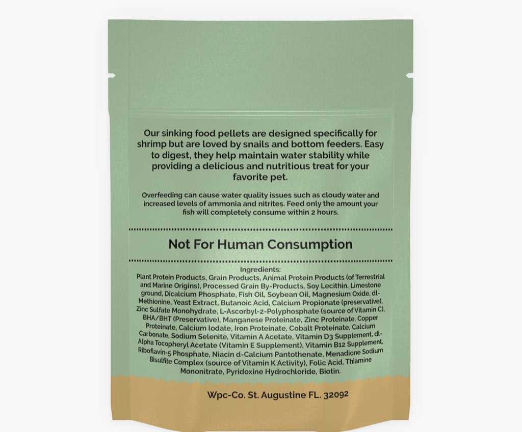Wpc-Co. Aquarium Shrimp Food - Sinking Pellets for Aquatic Shrimp, Snail, Bottom Feeders - Complete Nutrition for Tropical Shrimps and Other Invertebrates