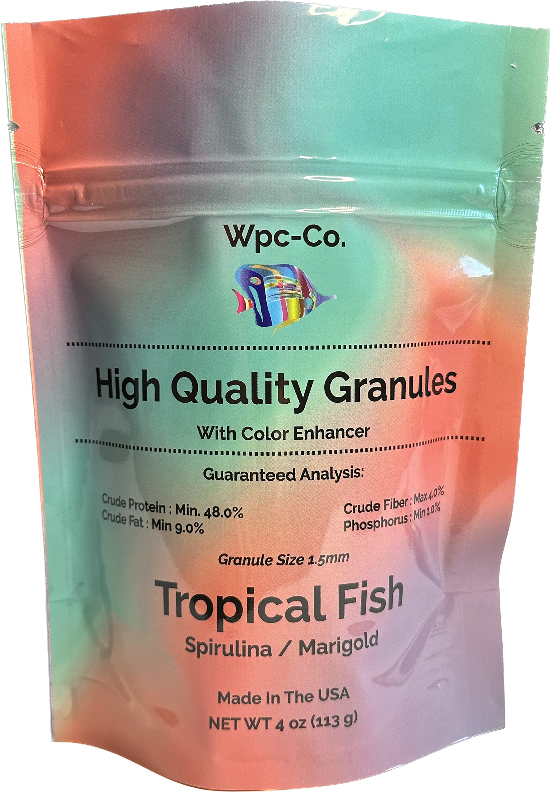 Wpc-Co. Tropical Fish Food for Color Enhancement-Vibrant Colors Formula with Spirulina and Marigold Diet for Tropical Fish-Nourishment and Optimal Nutrition for Brilliant Coloration-1.5mm Granule